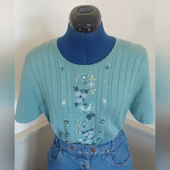 Embroidered Sea Green Short Sleeve Cotton Blend Sweater - Picture 13 of 13